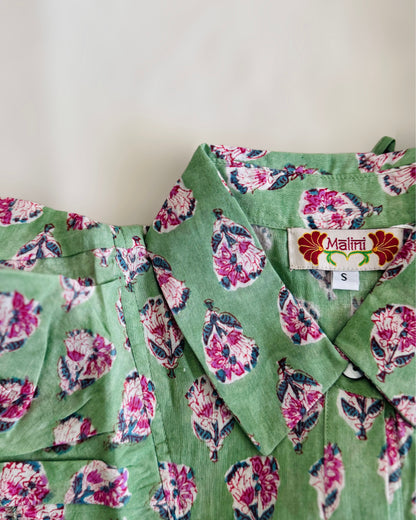 Sleeveless Blouse with Ruffles in Block Print Cotton – Botanical Green