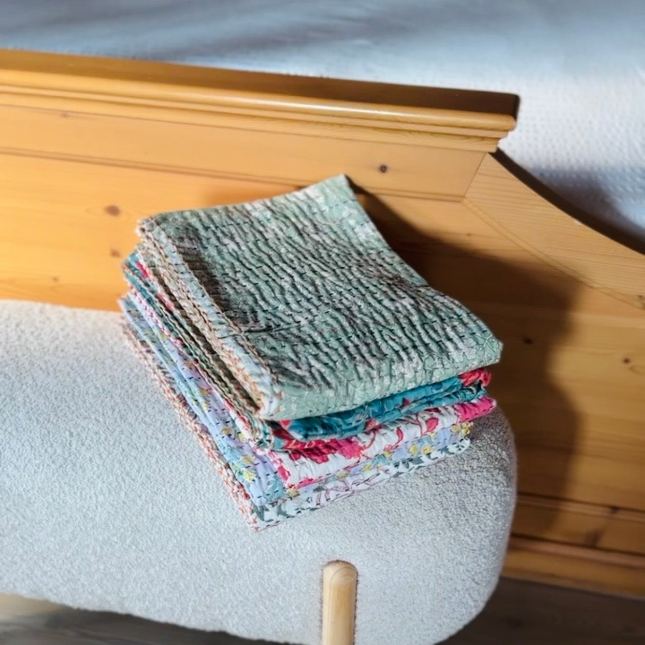 Block Print and Kantha Cotton Baby Blanket – Green with White Flowers, Handcrafted Boho Chic