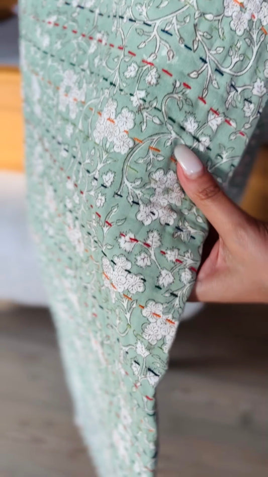 Block Print and Kantha Cotton Baby Blanket – Green with White Flowers, Handcrafted Boho Chic
