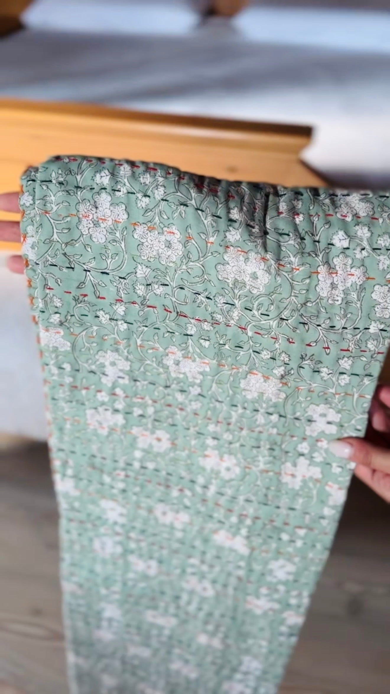 Block Print and Kantha Cotton Baby Blanket – Green with White Flowers, Handcrafted Boho Chic