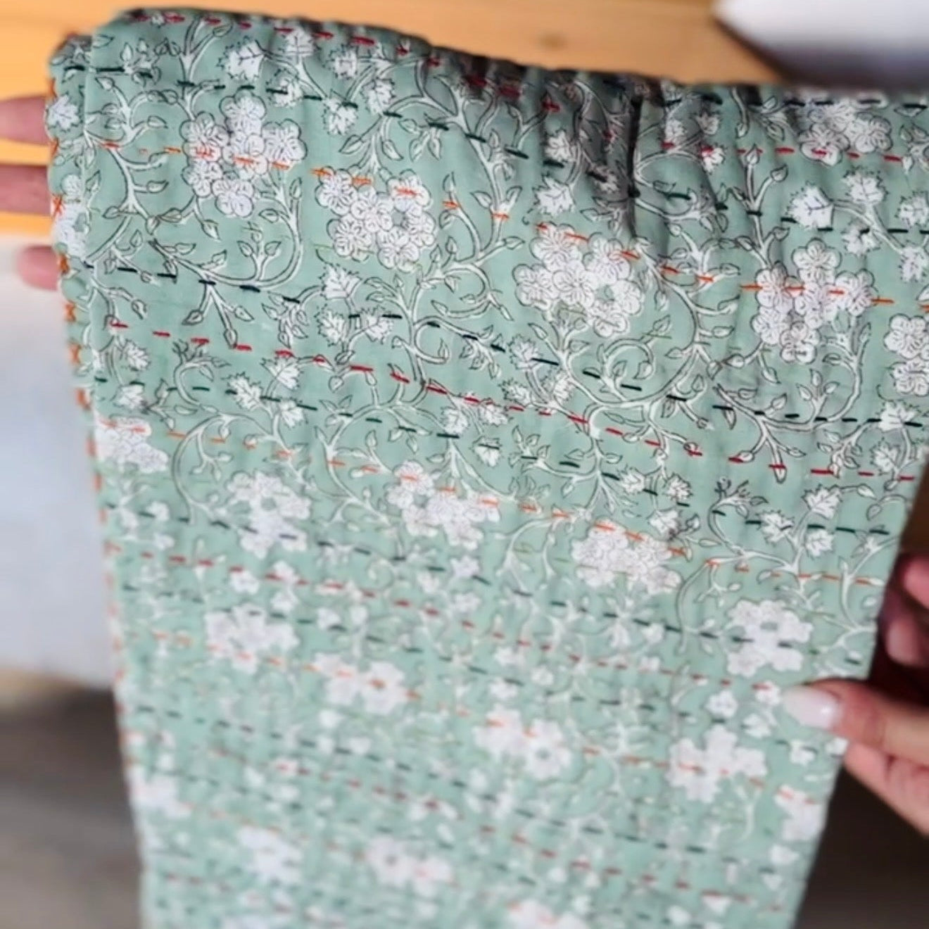 Block Print and Kantha Cotton Baby Blanket – Green with White Flowers, Handcrafted Boho Chic