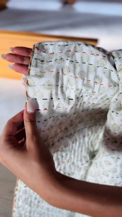 Block Print and Kantha Cotton Baby Blanket – Green with White Flowers, Handcrafted Boho Chic