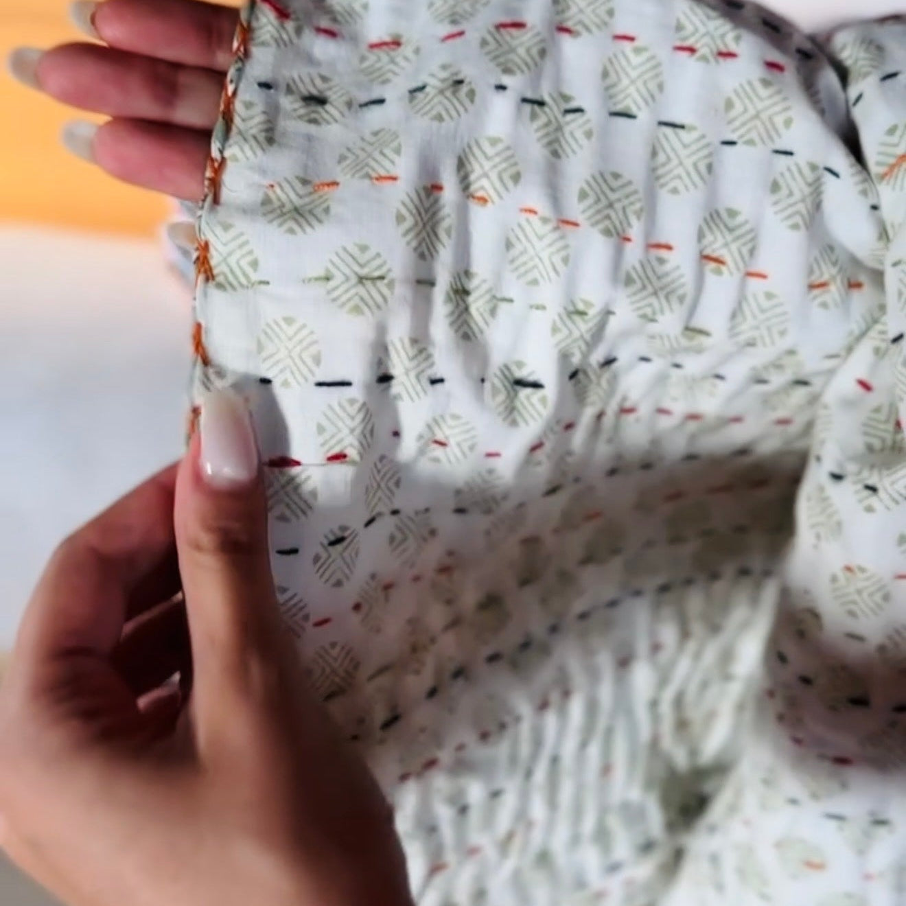 Block Print and Kantha Cotton Baby Blanket – Green with White Flowers, Handcrafted Boho Chic