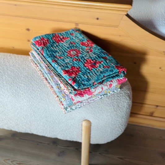 Block Print Cotton and Kantha Embroidery Baby Blanket – Blue with Red Flowers, Handcrafted and Boho Chic