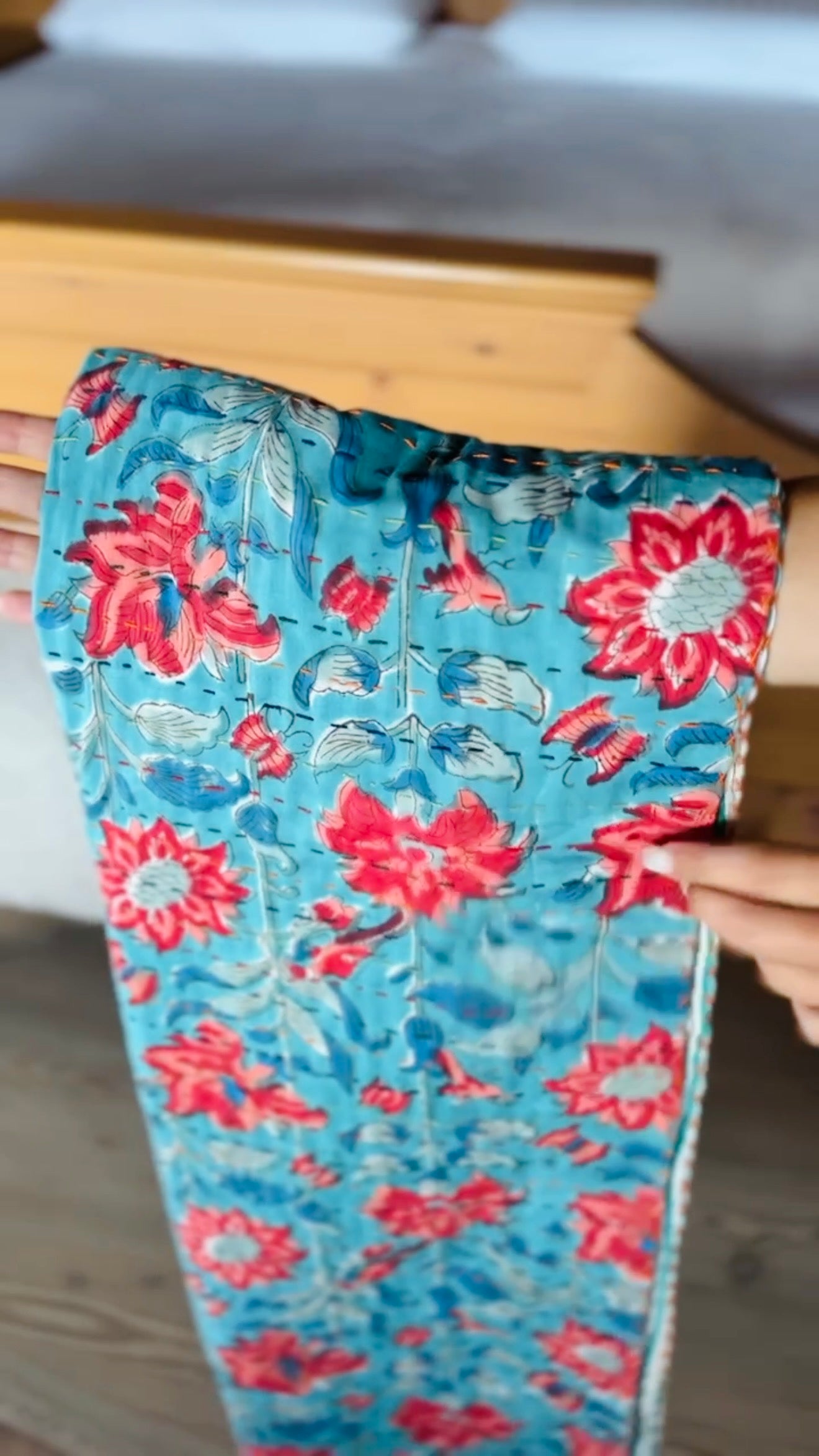 Block Print Cotton and Kantha Embroidery Baby Blanket – Blue with Red Flowers, Handcrafted and Boho Chic