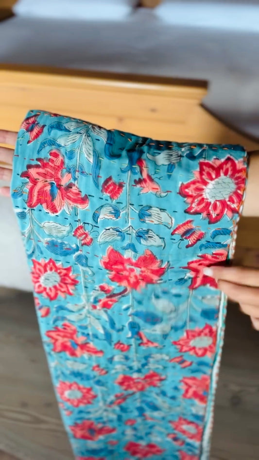 Block Print Cotton and Kantha Embroidery Baby Blanket – Blue with Red Flowers, Handcrafted and Boho Chic
