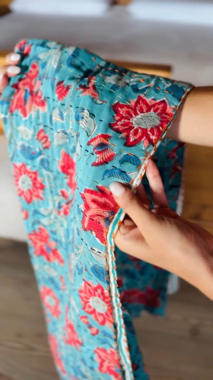 Block Print Cotton and Kantha Embroidery Baby Blanket – Blue with Red Flowers, Handcrafted and Boho Chic