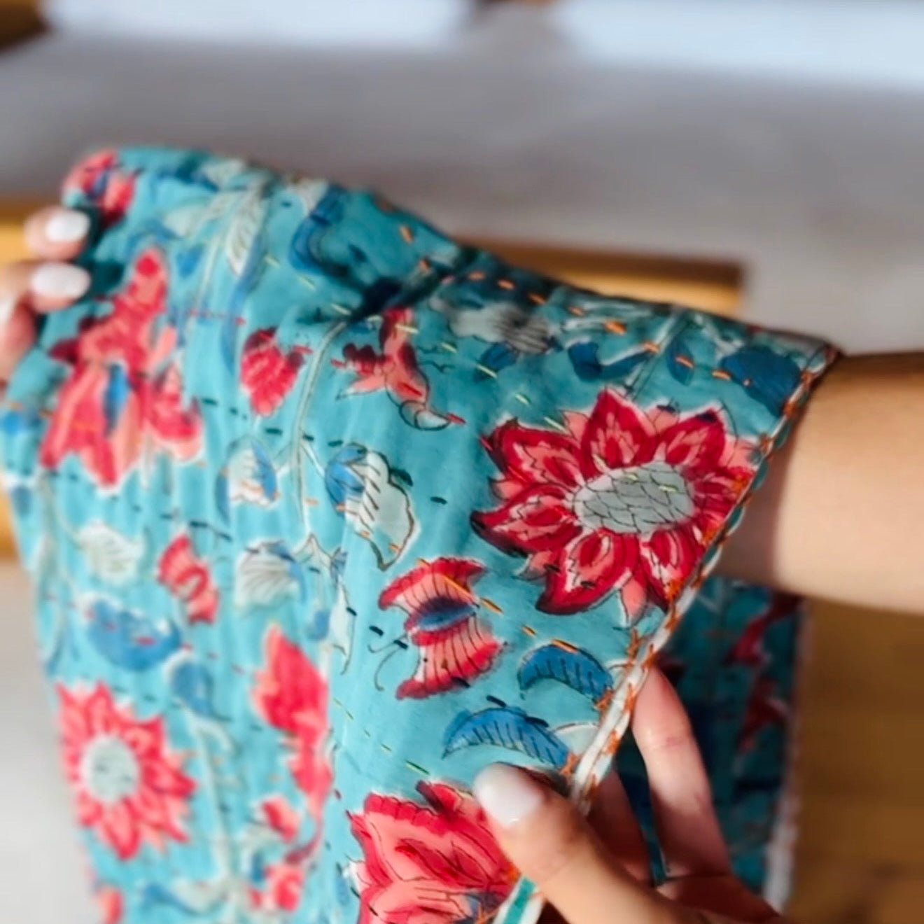 Block Print Cotton and Kantha Embroidery Baby Blanket – Blue with Red Flowers, Handcrafted and Boho Chic