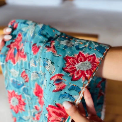 Block Print Cotton and Kantha Embroidery Baby Blanket – Blue with Red Flowers, Handcrafted and Boho Chic