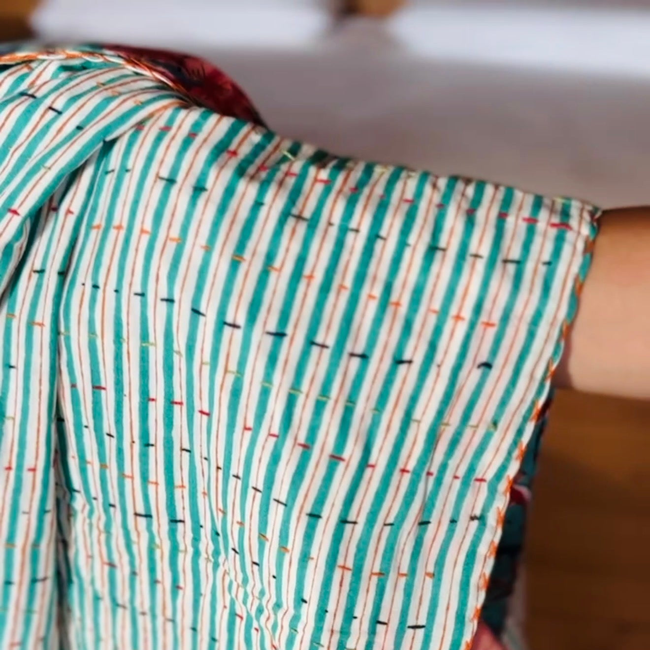 Block Print Cotton and Kantha Embroidery Baby Blanket – Blue with Red Flowers, Handcrafted and Boho Chic