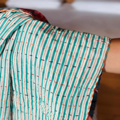 Block Print Cotton and Kantha Embroidery Baby Blanket – Blue with Red Flowers, Handcrafted and Boho Chic