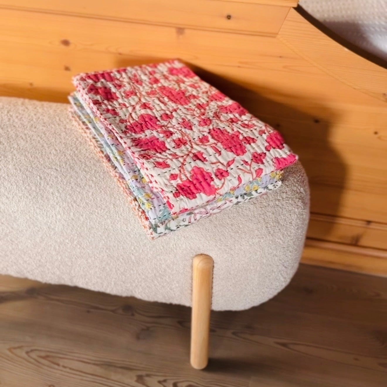 Block Print and Kantha Cotton Baby Blanket – White with Pink Flowers, Handmade Boho Chic