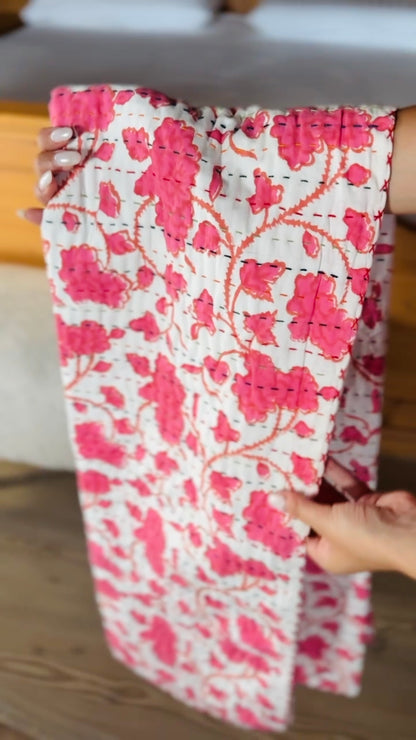 Block Print and Kantha Cotton Baby Blanket – White with Pink Flowers, Handmade Boho Chic