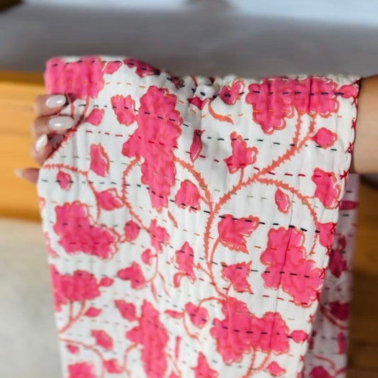 Block Print and Kantha Cotton Baby Blanket – White with Pink Flowers, Handmade Boho Chic