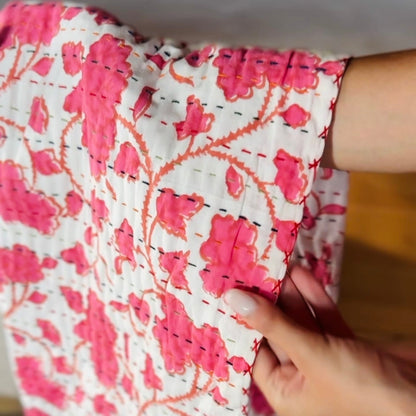 Block Print and Kantha Cotton Baby Blanket – White with Pink Flowers, Handmade Boho Chic