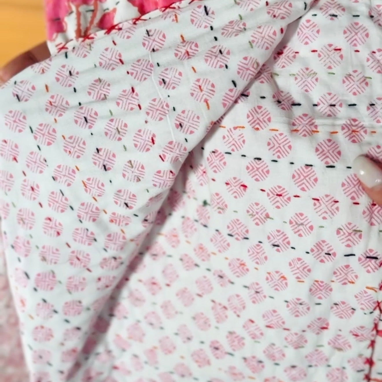 Block Print and Kantha Cotton Baby Blanket – White with Pink Flowers, Handmade Boho Chic