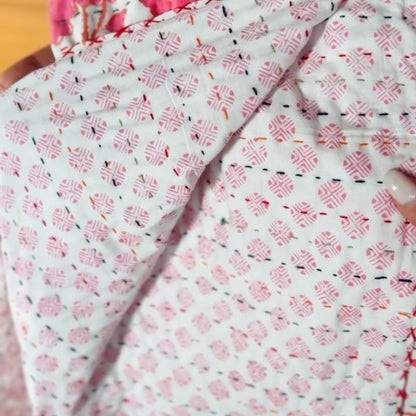 Block Print and Kantha Cotton Baby Blanket – White with Pink Flowers, Handmade Boho Chic