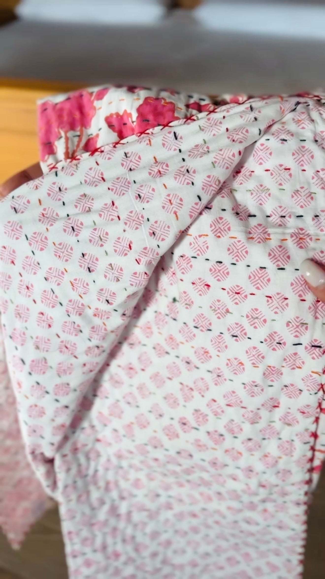 Block Print and Kantha Cotton Baby Blanket – White with Pink Flowers, Handmade Boho Chic