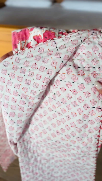 Block Print and Kantha Cotton Baby Blanket – White with Pink Flowers, Handmade Boho Chic