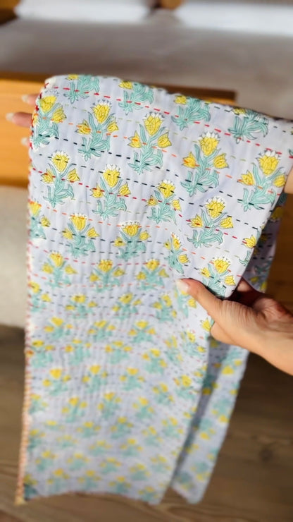Block Print and Kantha Cotton Baby Blanket – Blue with Yellow Flowers, Handmade Boho Chic