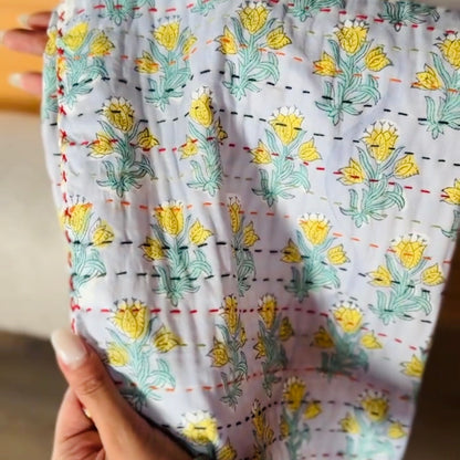 Block Print and Kantha Cotton Baby Blanket – Blue with Yellow Flowers, Handmade Boho Chic
