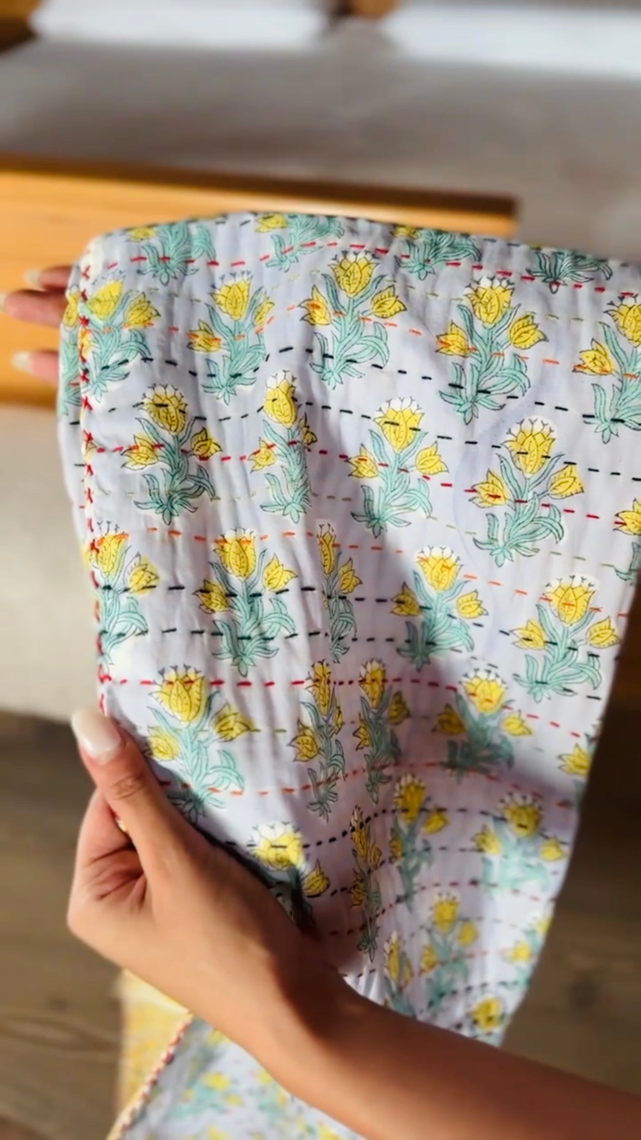 Block Print and Kantha Cotton Baby Blanket – Blue with Yellow Flowers, Handmade Boho Chic