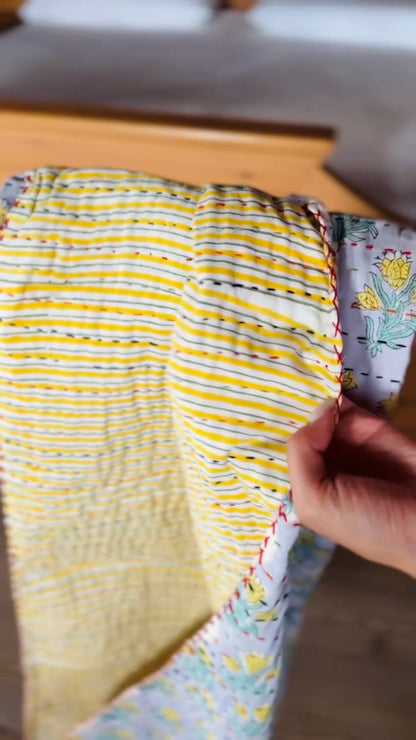 Block Print and Kantha Cotton Baby Blanket – Blue with Yellow Flowers, Handmade Boho Chic