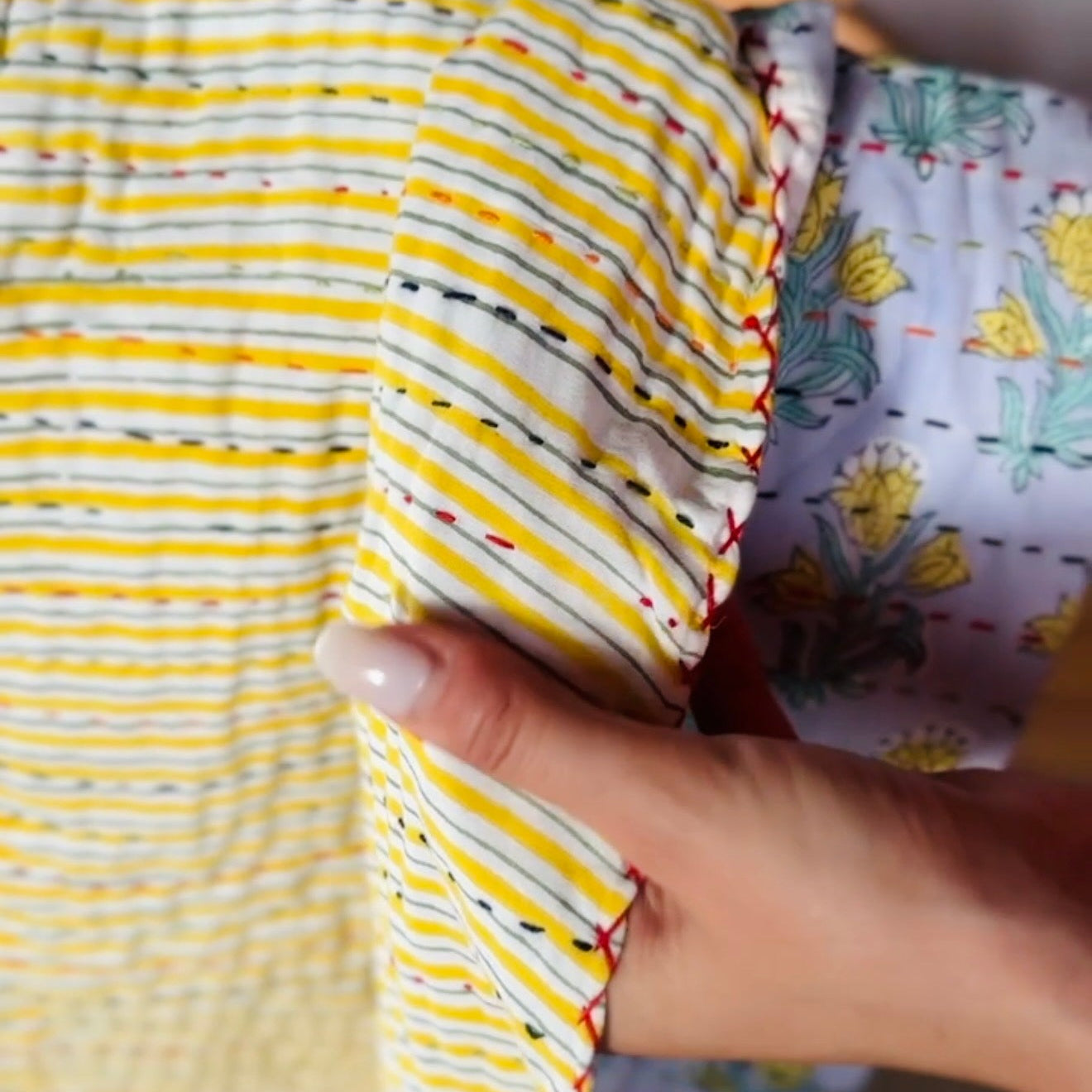 Block Print and Kantha Cotton Baby Blanket – Blue with Yellow Flowers, Handmade Boho Chic