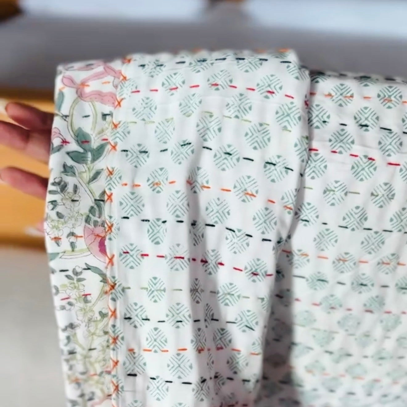 Multicolored Cotton Block Print and Kantha Children's Blanket – Handcrafted Indian Floral Pattern