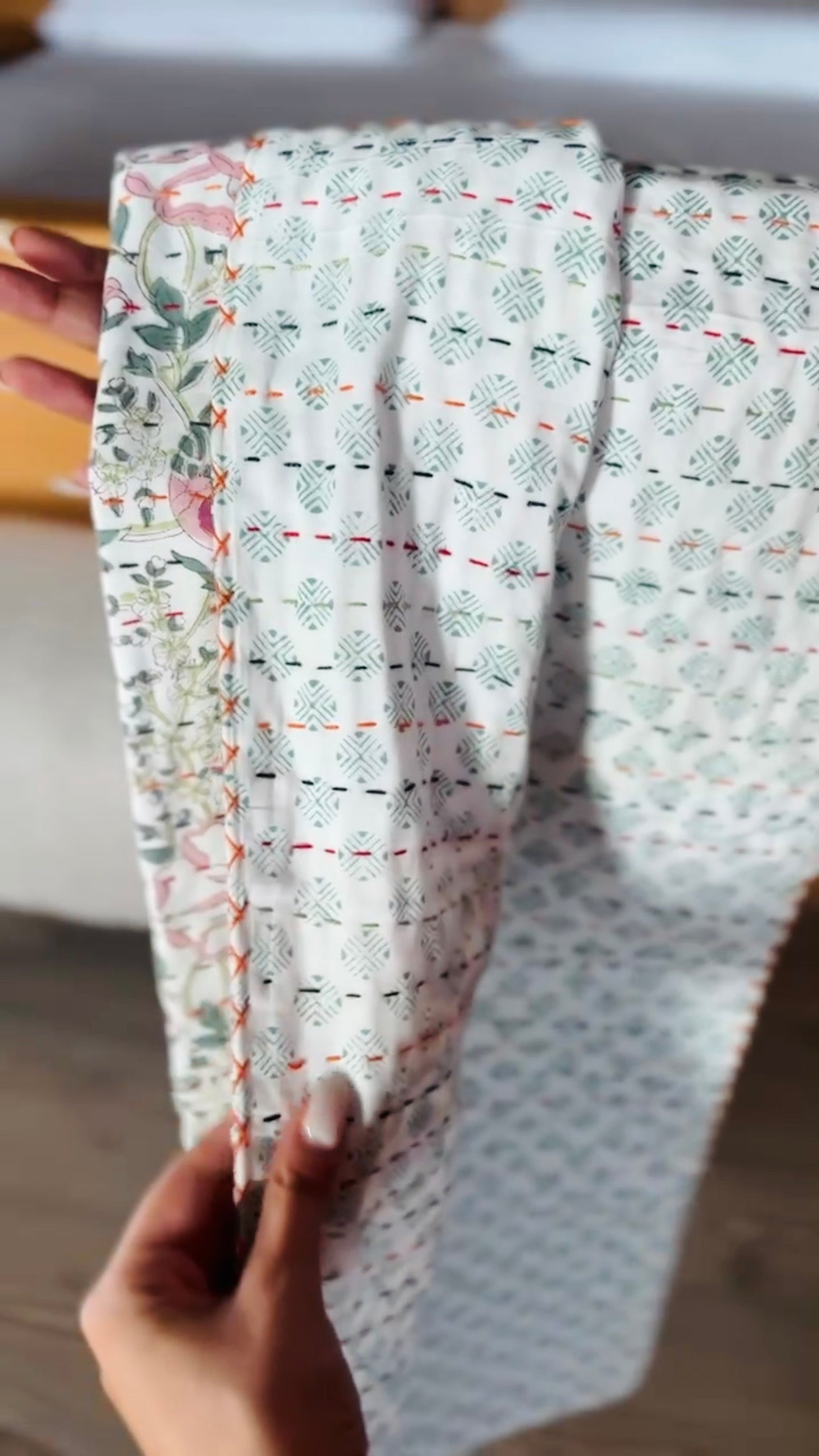 Multicolored Cotton Block Print and Kantha Children's Blanket – Handcrafted Indian Floral Pattern