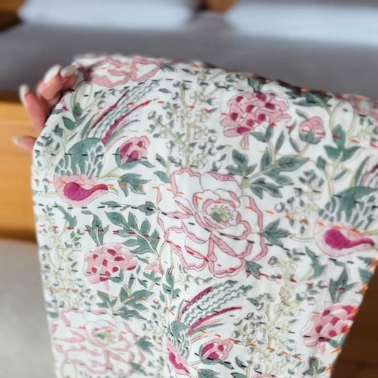 Multicolored Cotton Block Print and Kantha Children's Blanket – Handcrafted Indian Floral Pattern