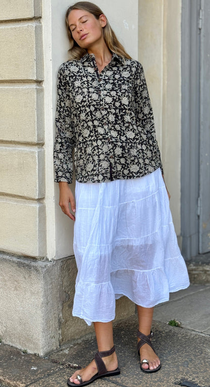 Camicia Donna in Cotone Khadi Block Print – Beige e Nera, Maniche Lunghe, Bottoni in Legno