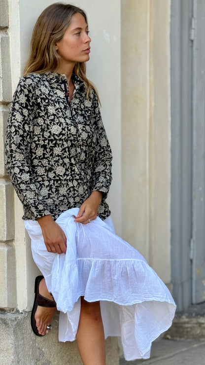 Camicia Donna in Cotone Khadi Block Print – Beige e Nera, Maniche Lunghe, Bottoni in Legno