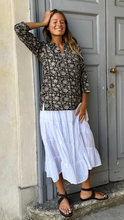 Blusa Donna in Cotone Khadi Block Print – Beige e Nera, Maniche Lunghe, Tessuta e Stampata a Mano