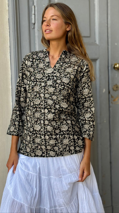 Blusa Donna in Cotone Khadi Block Print – Beige e Nera, Maniche Lunghe, Tessuta e Stampata a Mano