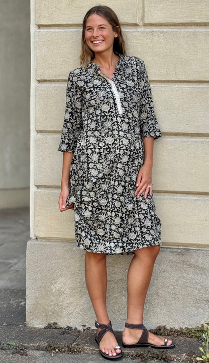 Khadi Women's Cotton Tunic Dress in Block Print – Beige and Black, Long Sleeves, Boho Chic Style