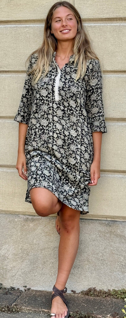 Khadi Women's Cotton Tunic Dress in Block Print – Beige and Black, Long Sleeves, Boho Chic Style