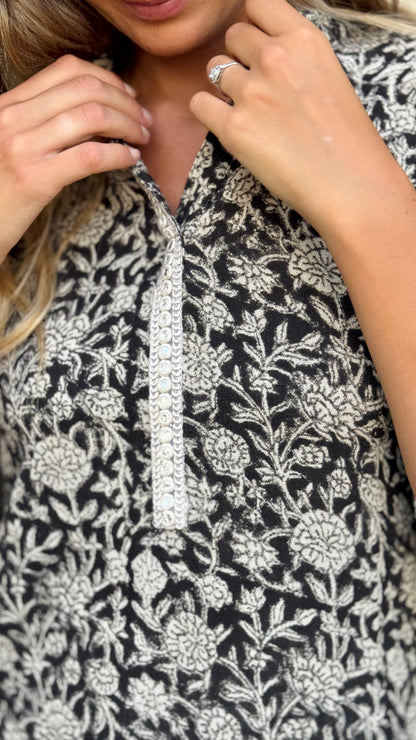 Khadi Women's Cotton Tunic Dress in Block Print – Beige and Black, Long Sleeves, Boho Chic Style