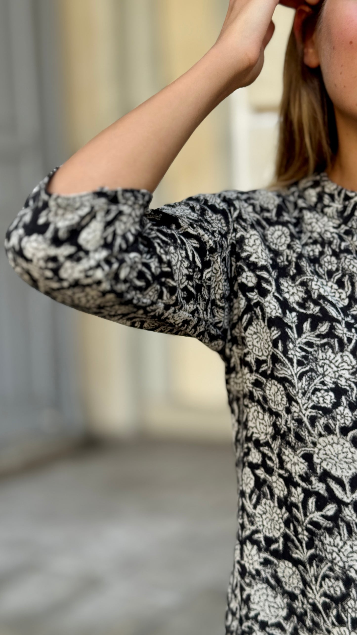 Khadi Women's Cotton Tunic Dress in Block Print – Beige and Black, Long Sleeves, Boho Chic Style