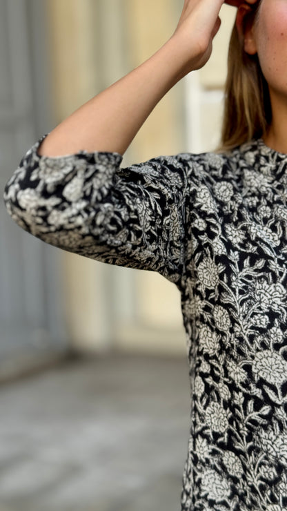 Khadi Women's Cotton Tunic Dress in Block Print – Beige and Black, Long Sleeves, Boho Chic Style