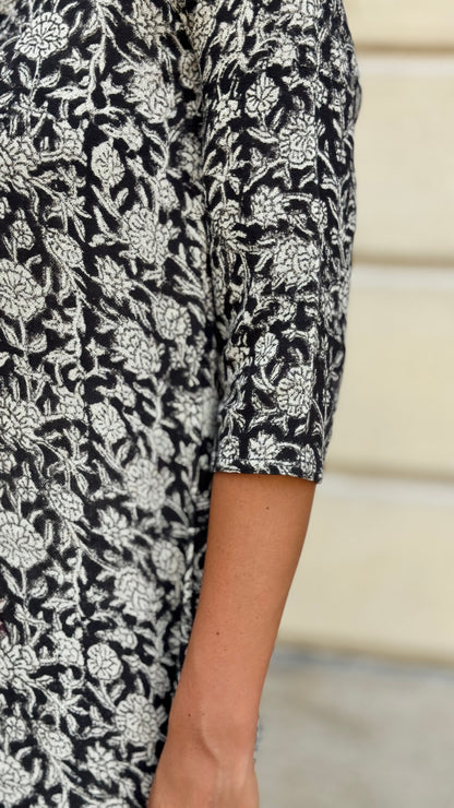 Khadi Women's Cotton Tunic Dress in Block Print – Beige and Black, Long Sleeves, Boho Chic Style