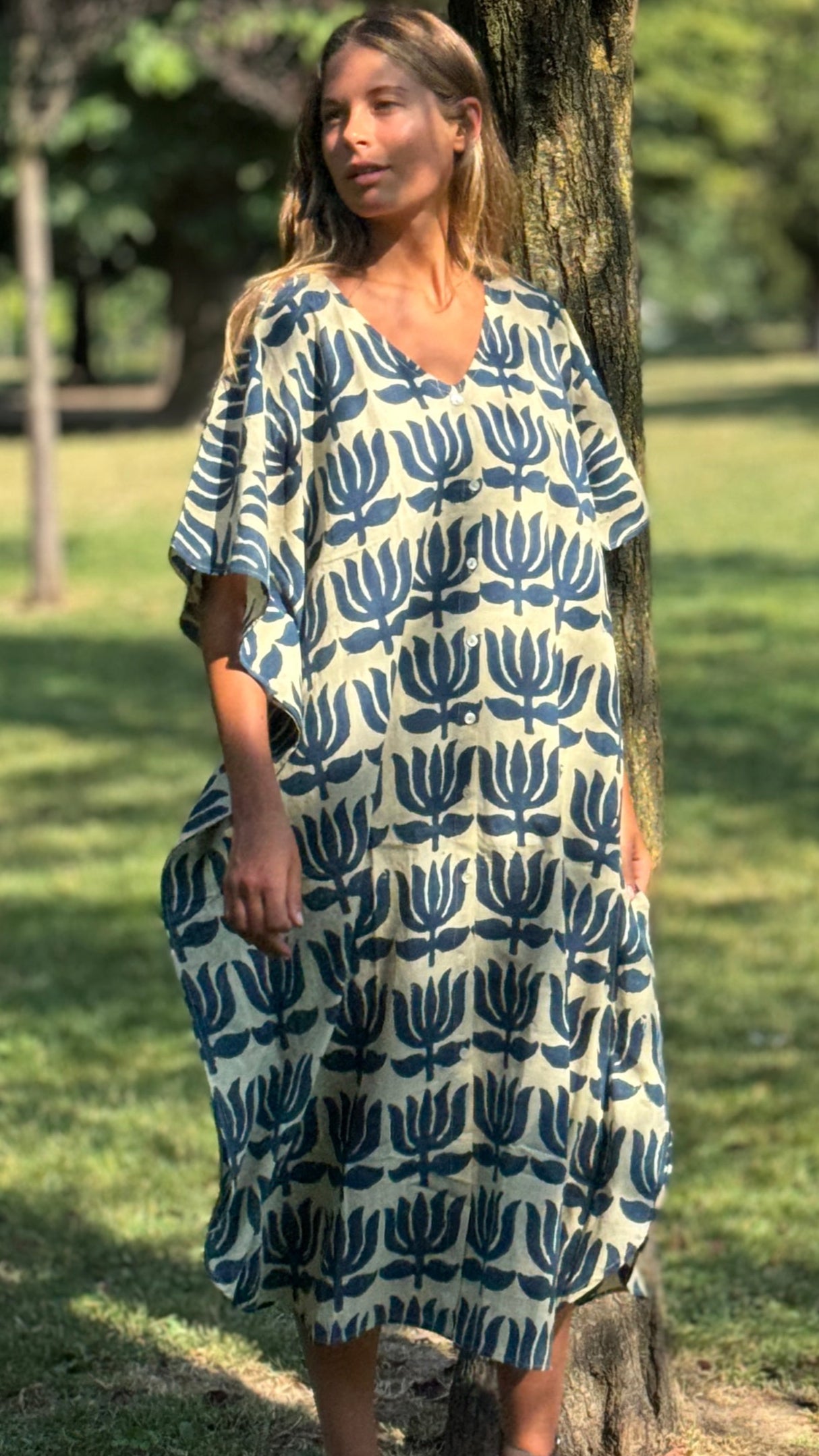 Caftano in Cotone Indiano Blu Indigo e Bianco – Stampa Block Print Artigianale