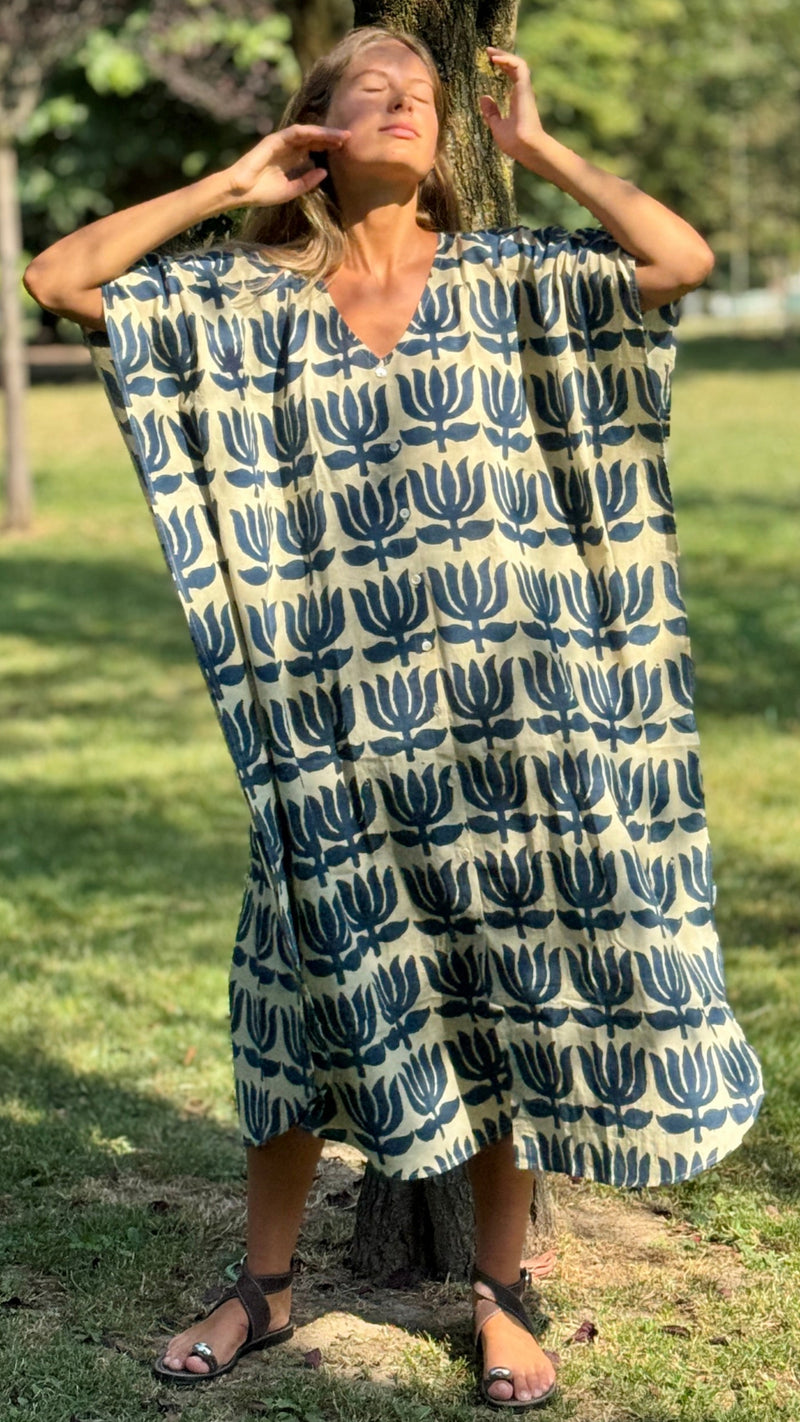 Malini Indian cotton kaftan in indigo blue and white, hand printed with the block print technique