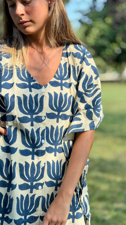 Caftano in Cotone Indiano Blu Indigo e Bianco – Stampa Block Print Artigianale