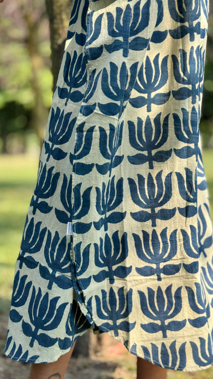 Caftano in Cotone Indiano Blu Indigo e Bianco – Stampa Block Print Artigianale