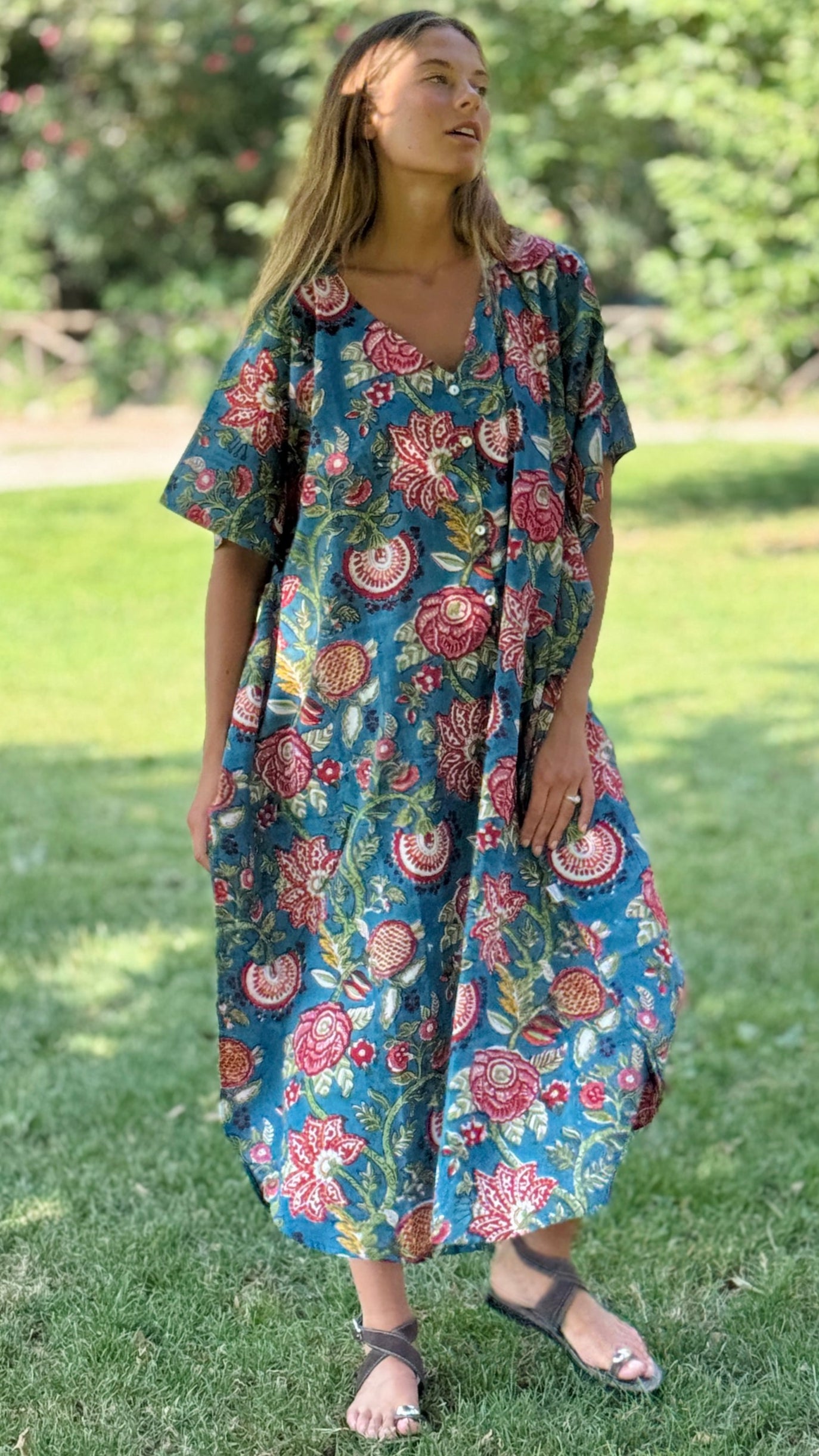 Caftano in Cotone Indiano Azzurro Rosa e Verde – Stampa Block Print Floreale Artigianale