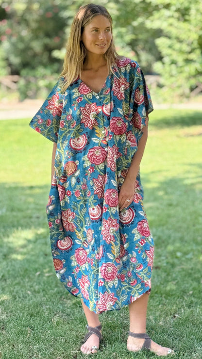 Caftano in Cotone Indiano Azzurro Rosa e Verde – Stampa Block Print Floreale Artigianale