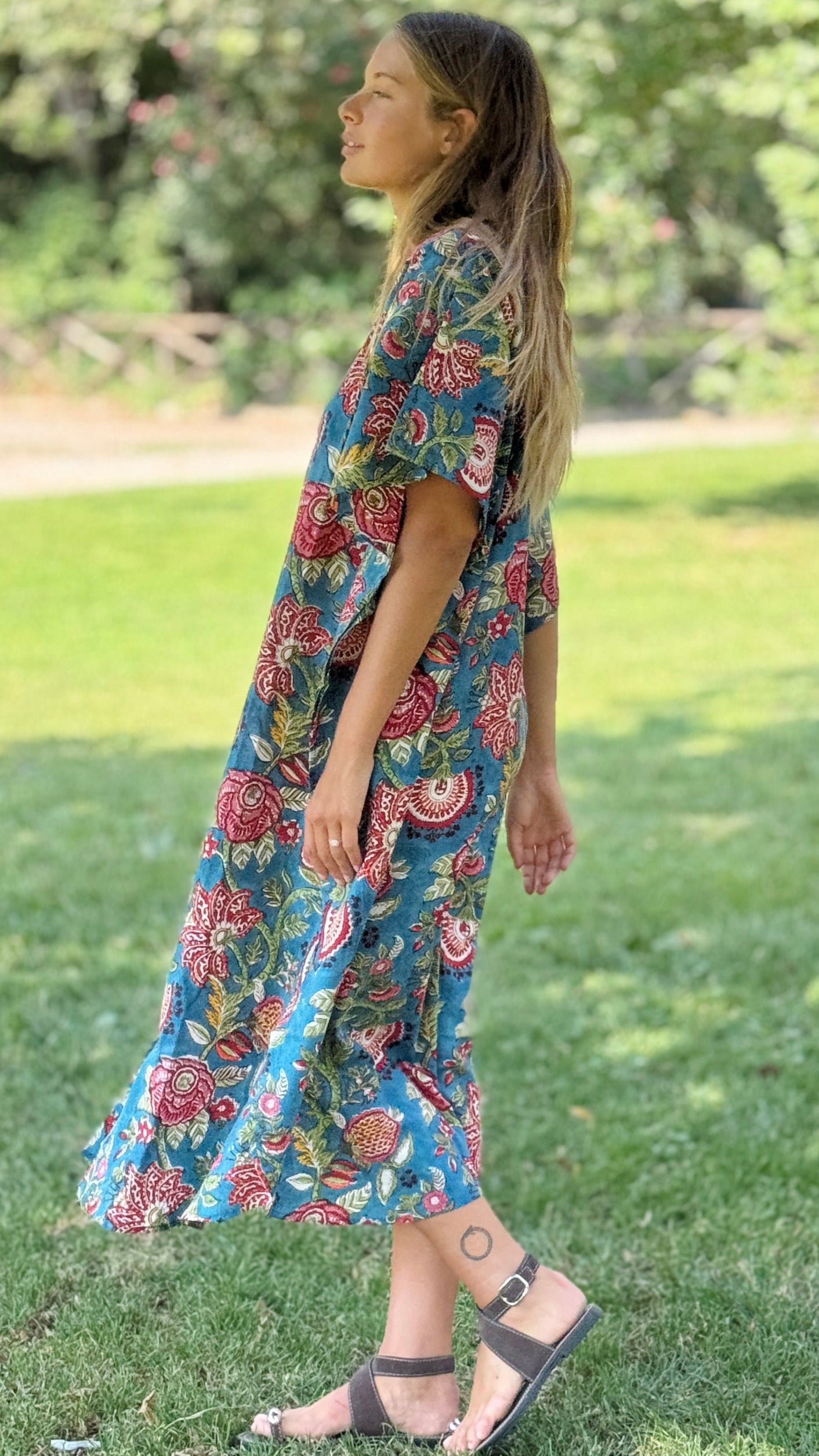 Caftano in Cotone Indiano Azzurro Rosa e Verde – Stampa Block Print Floreale Artigianale