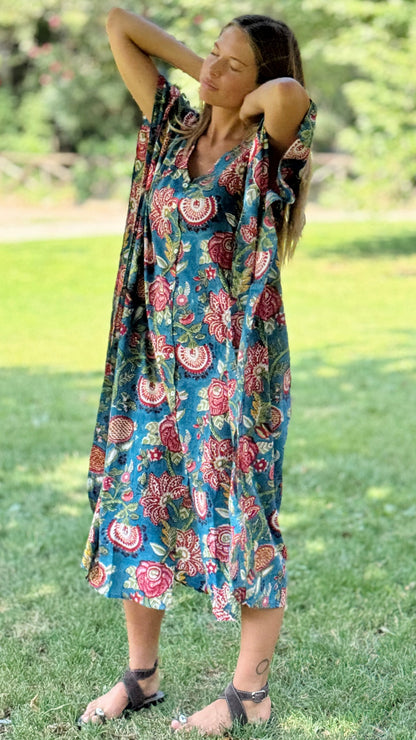 Caftano in Cotone Indiano Azzurro Rosa e Verde – Stampa Block Print Floreale Artigianale