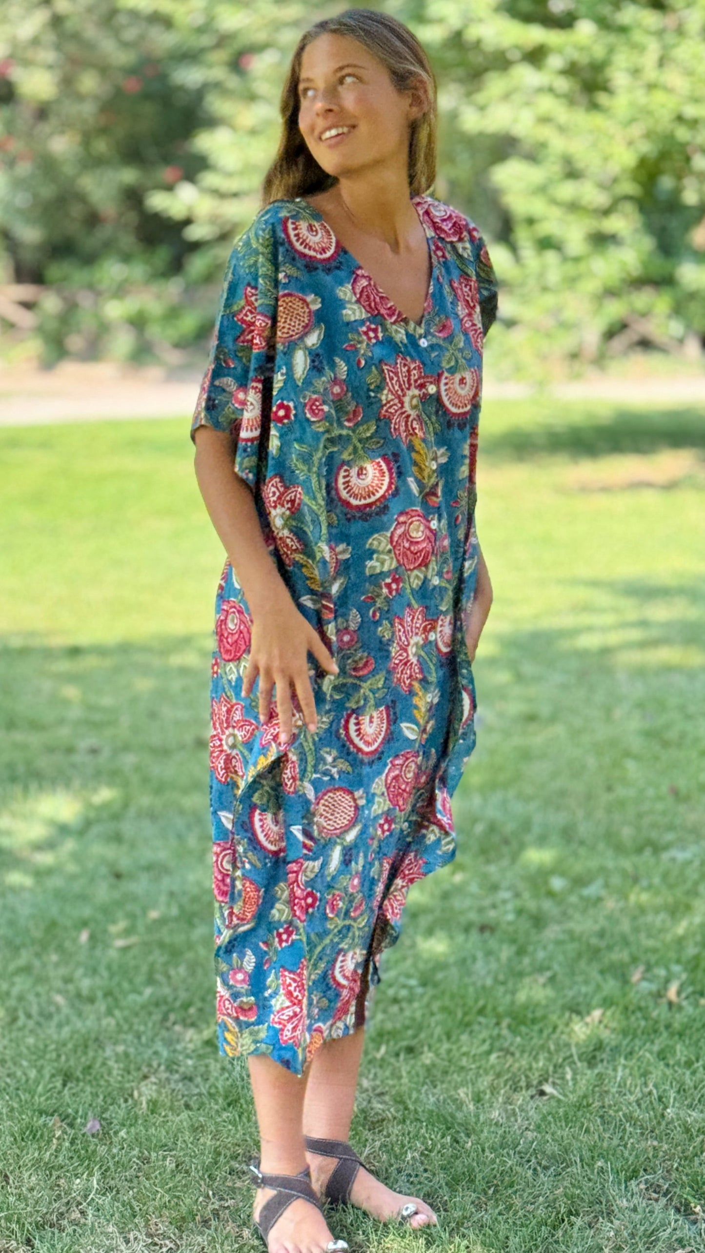 Caftano in Cotone Indiano Azzurro Rosa e Verde – Stampa Block Print Floreale Artigianale